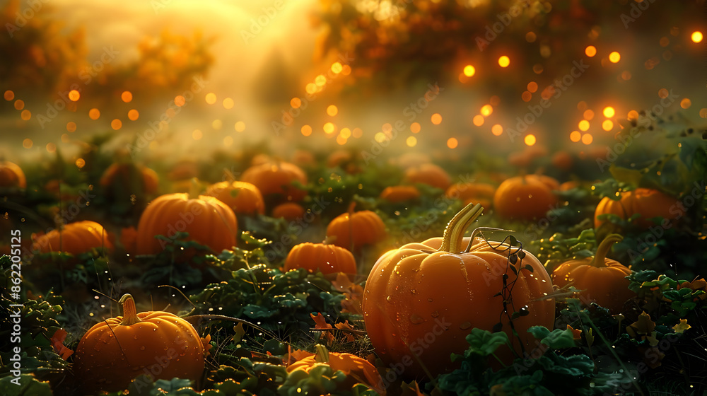 A warm sunset casts a golden glow on a whimsical pumpkin patch, surrounded by lush green vines, twinkling fairy lights, and mystical fog. A warm sunset casts a golden glow on a whimsical pumpkin patch, surrounded by lush green vines, twinkling fairy lights, and mystical fog.