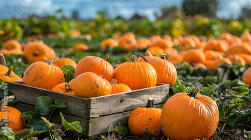 Orange pumpkins and gourds in a lush green patch surrounded by wooden crates and autumnal foliage under a bright blue sky.