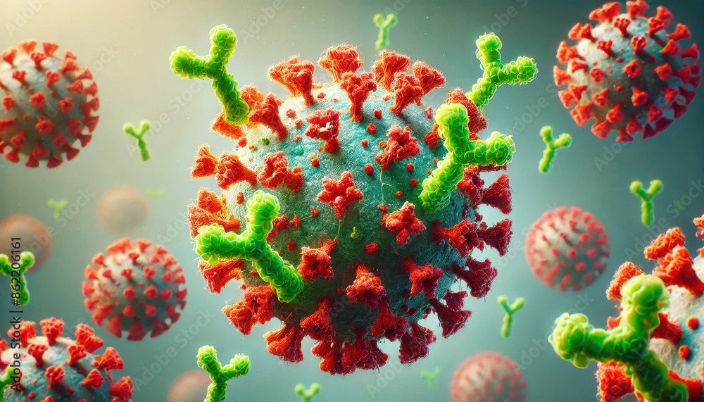 A highly detailed 3D rendering of the coronavirus, highlighting its spike proteins and structure, against a blurred background of other virus particles A highly detailed 3D rendering of the coronavirus, highlighting its spike proteins and structure, against a blurred background of other virus particles