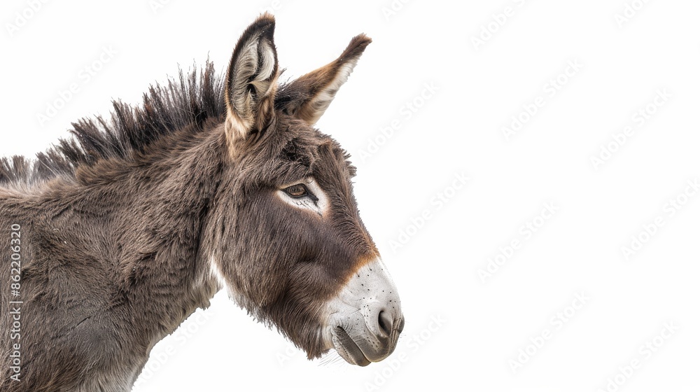 Donkey portrait in profile view on white background, detailed fur texture. Animal photography and wildlife concept Donkey portrait in profile view on white background, detailed fur texture. Animal photography and wildlife concept