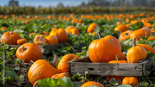 Orange pumpkins and gourds in a lush green patch surrounded by wooden crates and autumnal foliage under a bright blue sky.