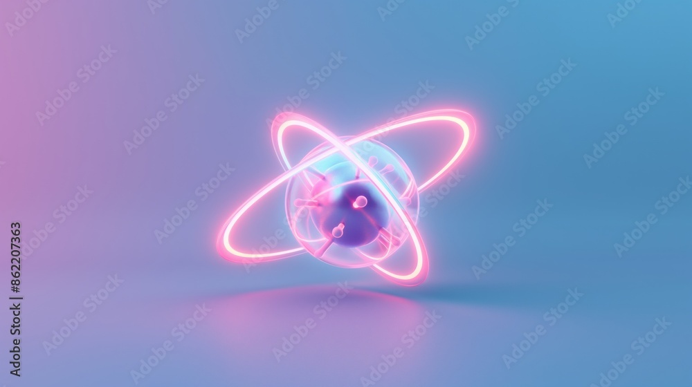 Pink neon lights encircle a translucent sphere on a blue background. Pink neon lights encircle a translucent sphere on a blue background.