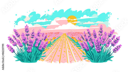 Vibrant Lavender Field with Sun and Clouds Illustration