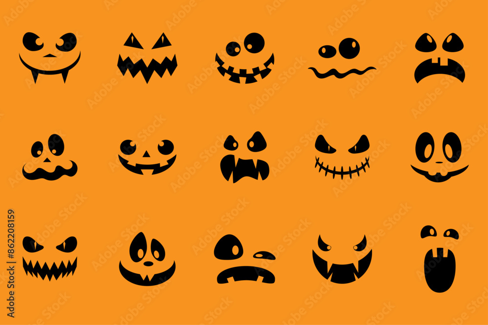 Fototapeta premium Set of Halloween pumpkin faces silhouette. Scary pumpkin smiling on orange background. Design for the Halloween celebration. Vector illustration.