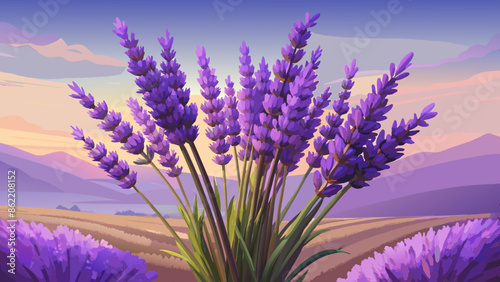 Serene Lavender Field at Sunset Scenery Illustration