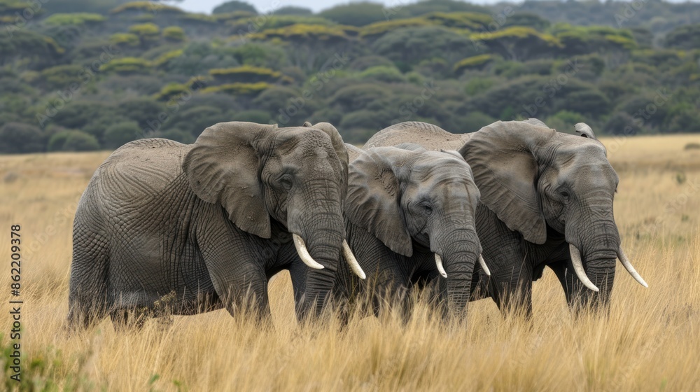 Obraz premium Three Elephants Walking Through Tall Grass