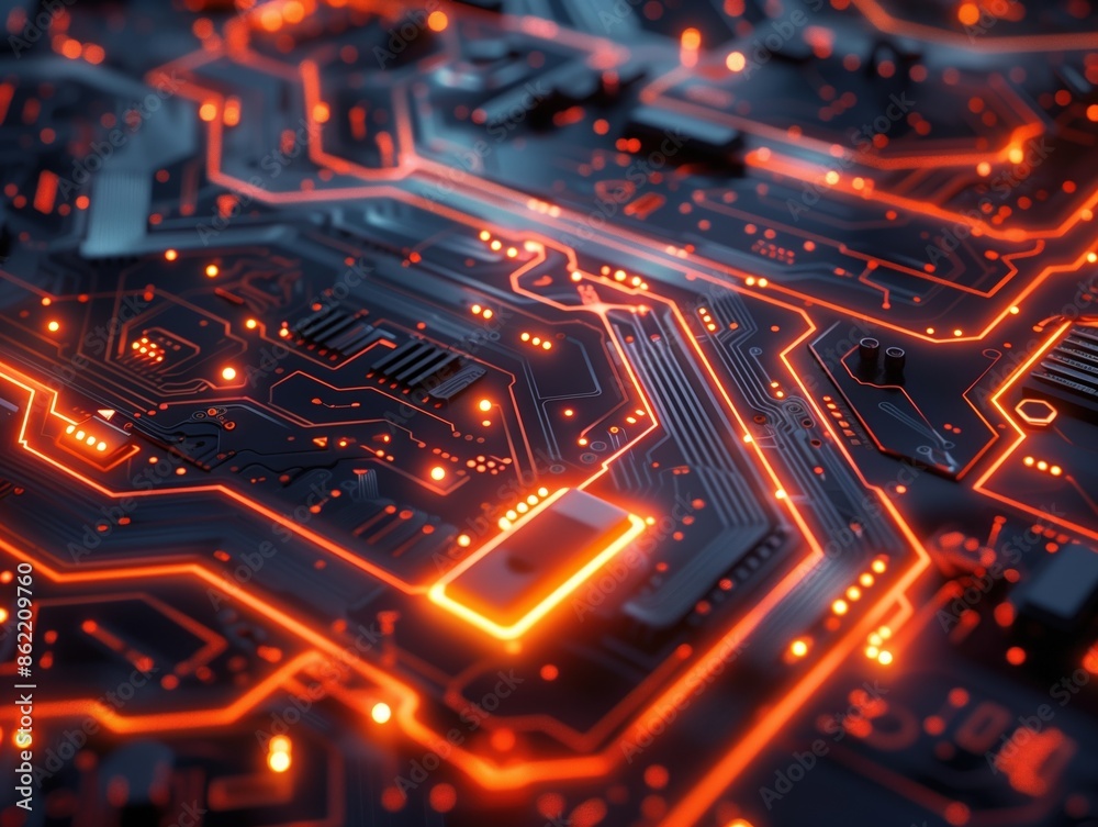 Futuristic Red and Blue Glowing Circuit Board Close-up Technology Background Futuristic Red and Blue Glowing Circuit Board Close-up Technology Background