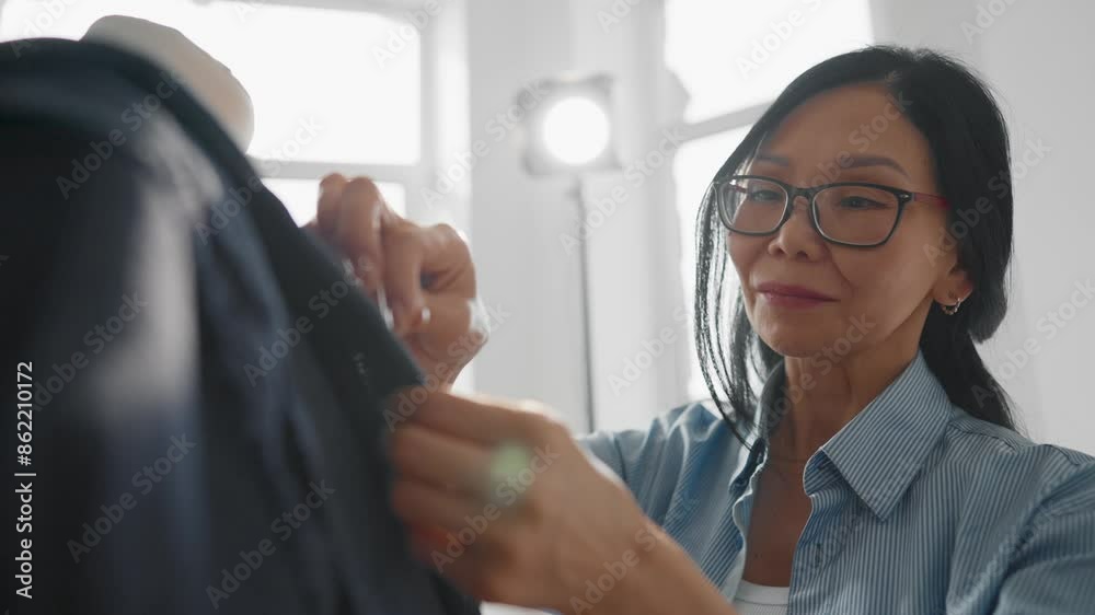 Senior Chinese seamstress works in atelier, portrait of woman during work. Fashion designer woman creating new luxury dress or suit in her own workshop, Asian businesswoman, owner of fashion factory