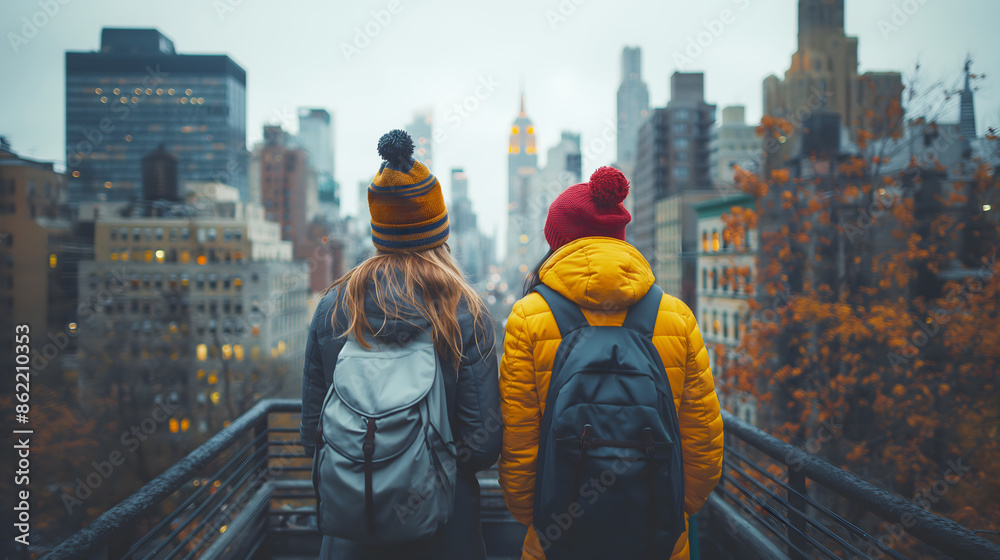 two friends walking on a balcony with the city in the background