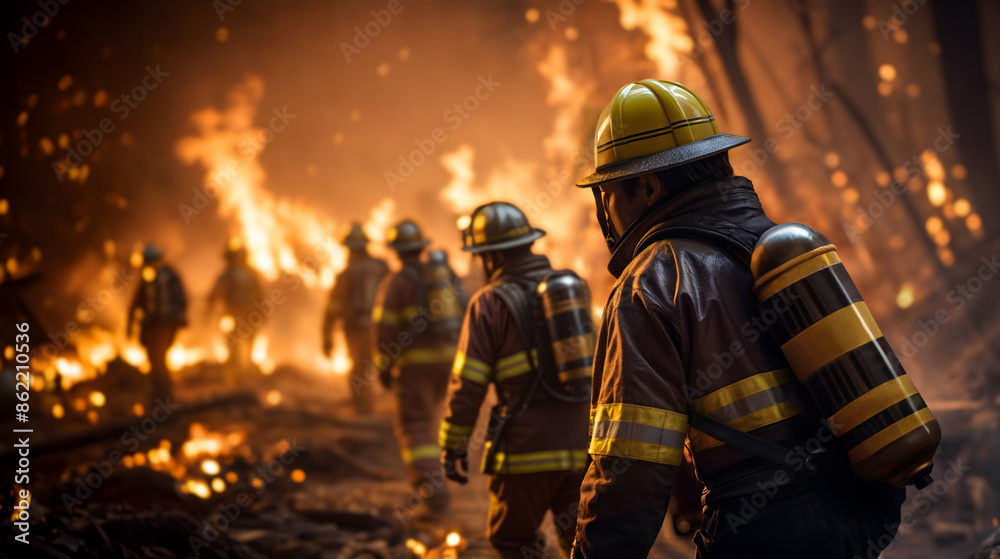 Firefighters in protective gear march towards a forest flames. Generative AI Firefighters in protective gear march towards a forest flames. Generative AI
