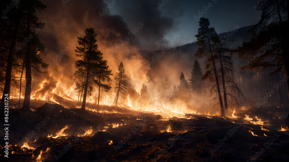 A fierce forest fire engulfs the trees, amidst the darkness night. Generative AI A fierce forest fire engulfs the trees, amidst the darkness night. Generative AI