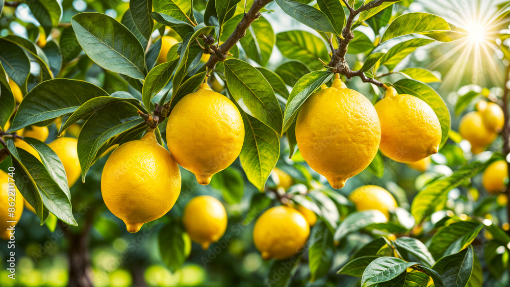 Close-up view of fresh lemons hanging on the tree branch - Generative AI Close-up view of fresh lemons hanging on the tree branch - Generative AI