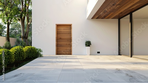 Modern Patio with Wooden Door and White Wall