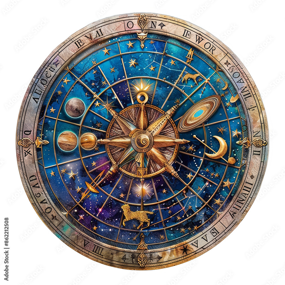 Obraz premium A round blue and gold clock with stars and planets on it