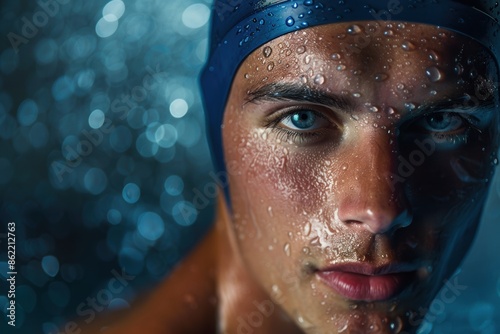 Cinematic portrait of a world-class swimmer, softly lit in a minimalist studio, with water droplets glistening on chiseled features.