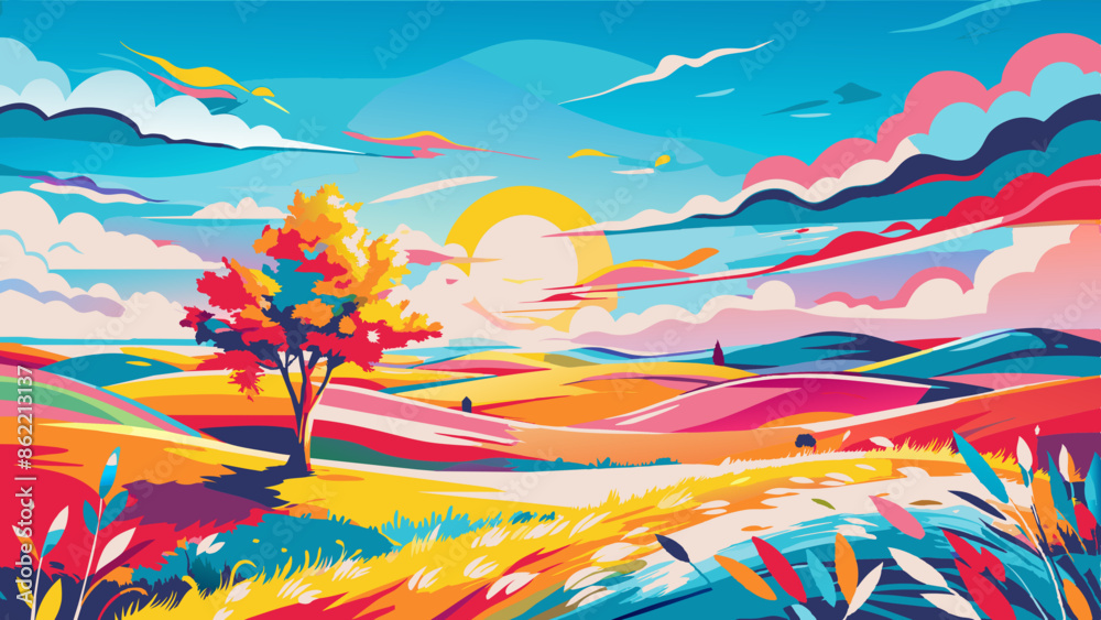 Vibrant Autumn Landscape with Sun and Colorful Foliage Vibrant Autumn Landscape with Sun and Colorful Foliage
