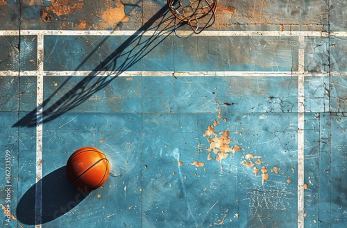 Basketball on Blue Court With Shadow of Net and Wall