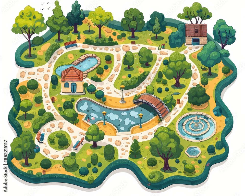 A cartoon drawing of a park with a pond, a bridge, and a house A cartoon drawing of a park with a pond, a bridge, and a house