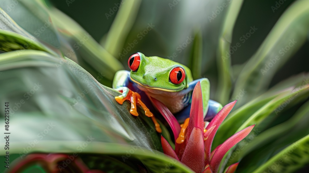 Red-eyed tree frog sitting on bromelia flower, red-eyed tree frog ...