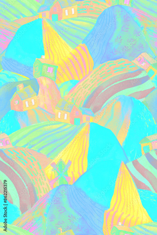 Fototapeta premium Seamless abstract hand drawn pattern of spring multicolor fields and houses illustration, European village view. Design for prints, textile, backgrounds. Illustration of sown meadows cartoon style.