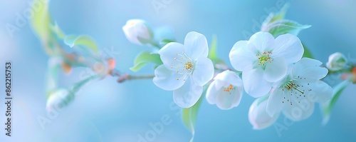 Close-up of beautiful white cherry blossoms on a branch against a blue sky background, symbolizing spring and renewal. photo