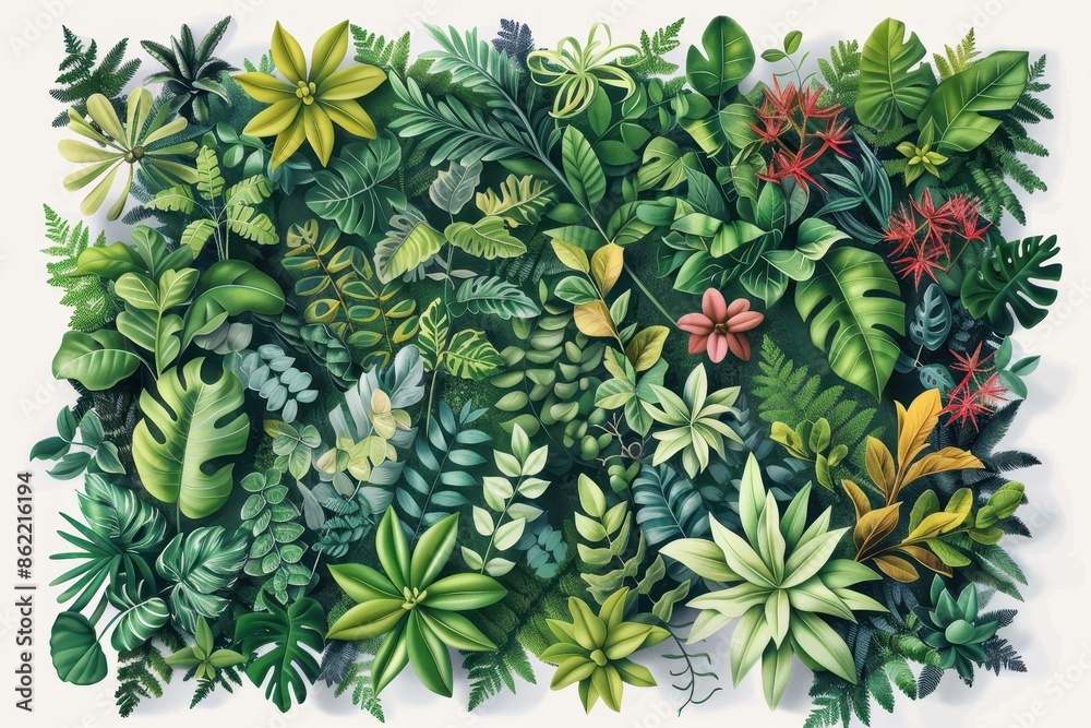 Fototapeta premium A lush green jungle with many different types of plants and flowers