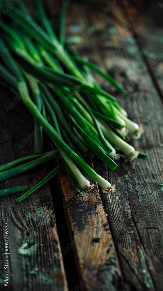 Fresh green onions on rustic wooden table, close-up view. Organic produce and healthy eating concept Fresh green onions on rustic wooden table, close-up view. Organic produce and healthy eating concept