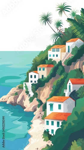 A painting of a beach with houses on a hillside © rattapornkul