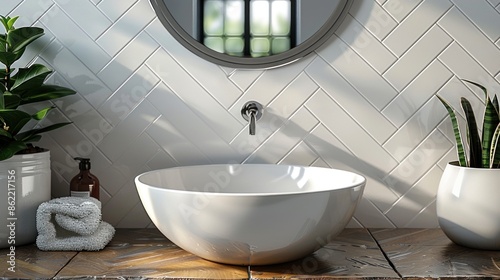 Clean white tiles arranged in a simple herringbone pattern