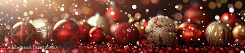 Festive Christmas Ornaments on a Red Glitter Background