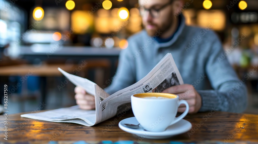 Fototapeta premium A person reading a newspaper in a coffee shop, with a cup of coffee and a relaxed expression.