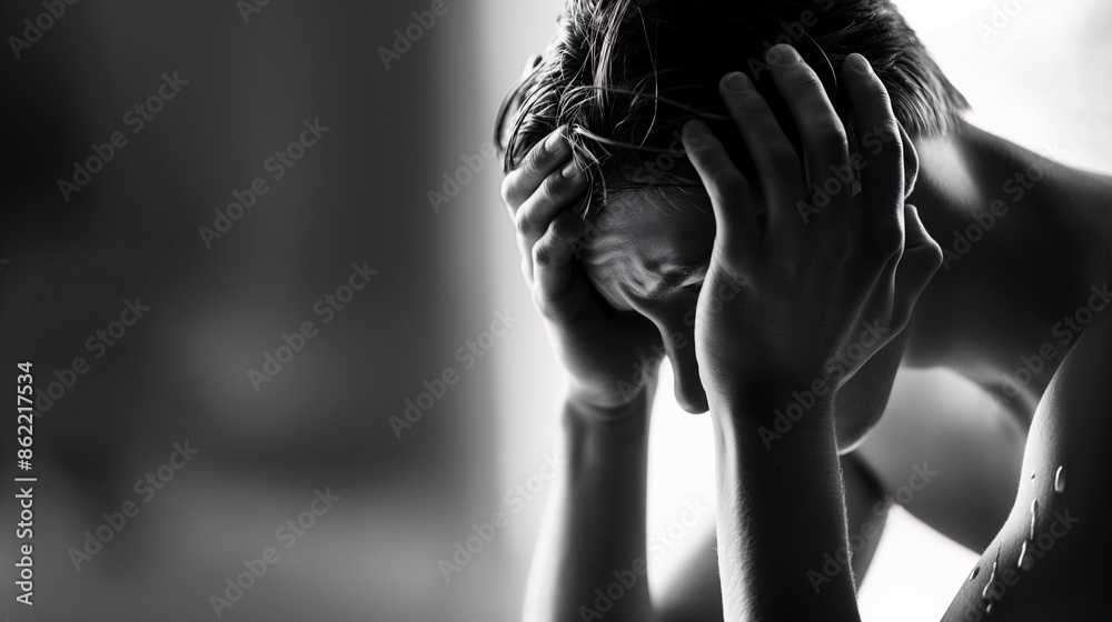 A person sitting alone, tears streaming down their face. A person sitting alone, tears streaming down their face.