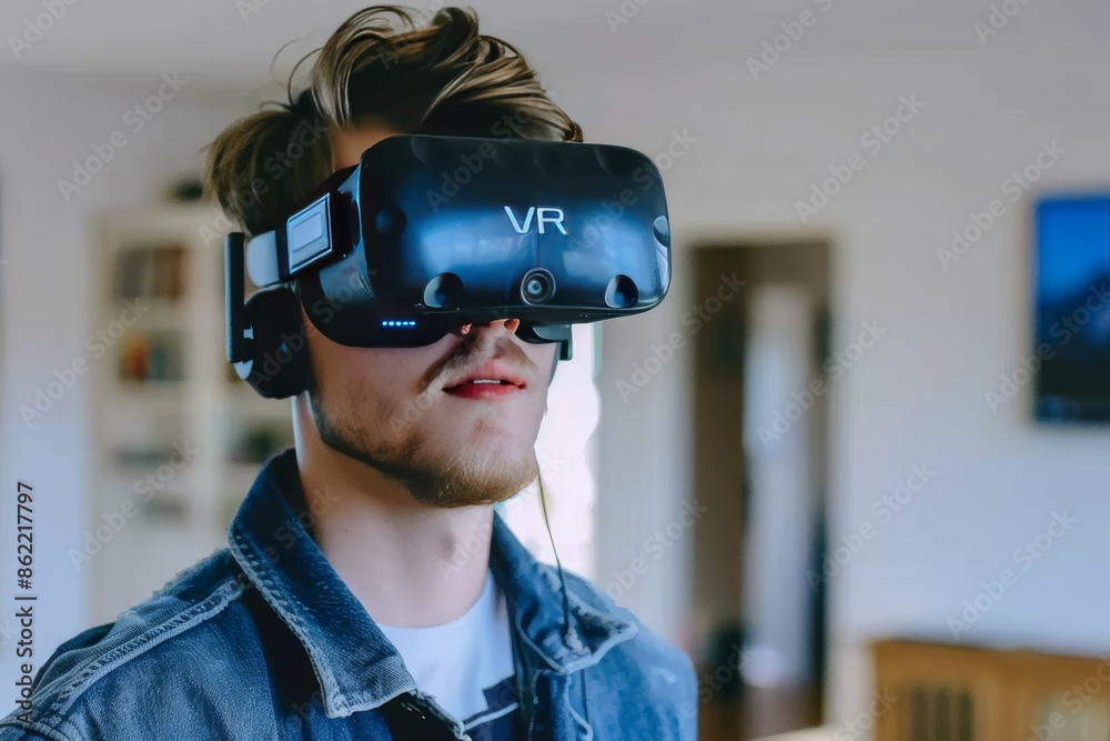 Man Using VR Headset in High Tech Office Environment with Bright Lighting Man Using VR Headset in High Tech Office Environment with Bright Lighting