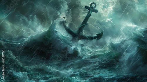 Colossal Anchor Embedded in a Stormy Sea Amidst Torrential Rain and Turbulent Waves Capturing Maritime Drama