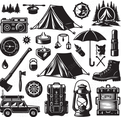 Vintage camping and outdoor adventure Hiking Tool Set elements flat silhouette style collection