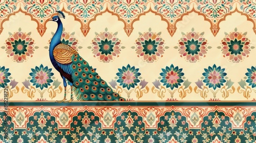 Traditional Mughal Wall Design, Mughal Arch, Peacock, Flower, Seamless Border, Dome. . AI generated