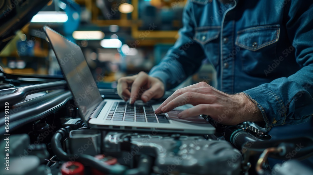 mechanic performing a routine engine check on a compact car, using a laptop to access the vehicle's onboard computer, in a garage that integrates digital diagnostics with mechanical skills mechanic performing a routine engine check on a compact car, using a laptop to access the vehicle's onboard computer, in a garage that integrates digital diagnostics with mechanical skills