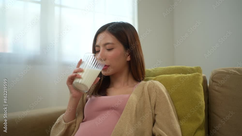 Happy pregnant woman drinking milk and caressing her belly while sitting on sofa at home, concept of healthy mother taking health care and nourish her fetal and waiting her childbirth.
Happy pregnant woman drinking milk and caressing her belly while sitting on sofa at home, concept of healthy mother taking health care and nourish her fetal and waiting her childbirth.