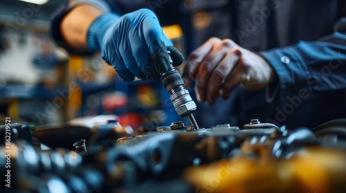 mechanic tightening engine bolts with a torque wrench, ensuring precise calibration, in a garage where precision tools and accurate measurements are critical, reflecting attention to detail and © thekob5123