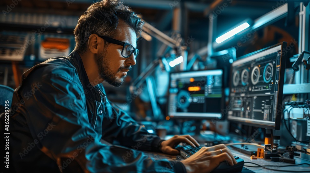 mechanic using a computer to update engine diagnostics software, in a garage that integrates digital solutions with mechanical expertise, reflecting a modern approach to automotive repair mechanic using a computer to update engine diagnostics software, in a garage that integrates digital solutions with mechanical expertise, reflecting a modern approach to automotive repair