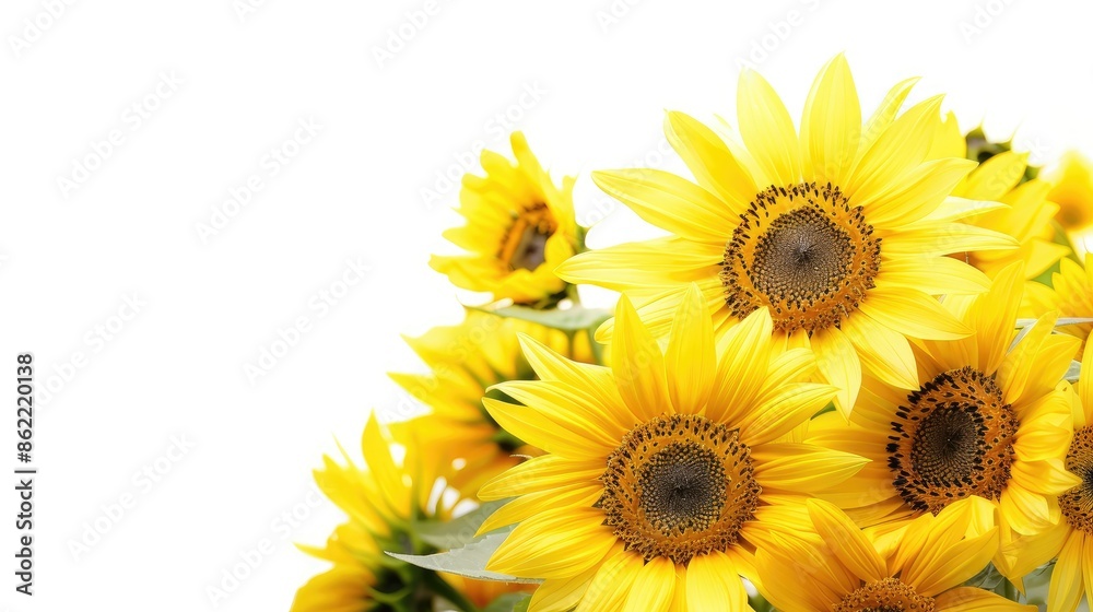 Fototapeta premium Yellow sunflowers have a white backdrop. AI generated