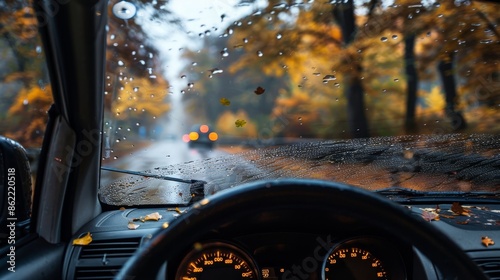 Inside a car, seen from the driver's seat, with the windshield wiper moving, front mirror and clear windshield view