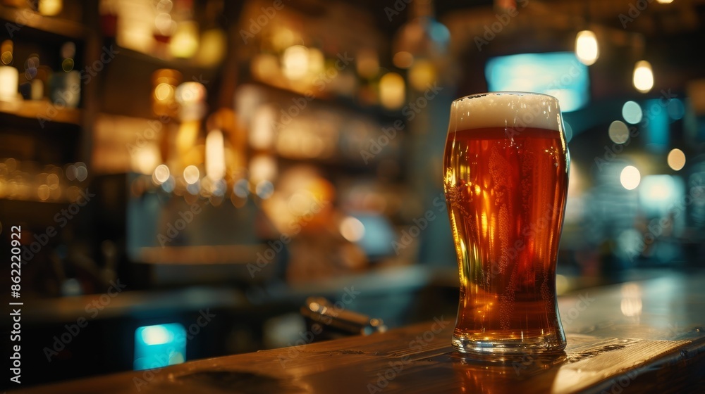 Pint of beer on a wooden bar counter in a cozy pub, blurred background with warm lights. relaxing evening and socializing concept Pint of beer on a wooden bar counter in a cozy pub, blurred background with warm lights. relaxing evening and socializing concept
