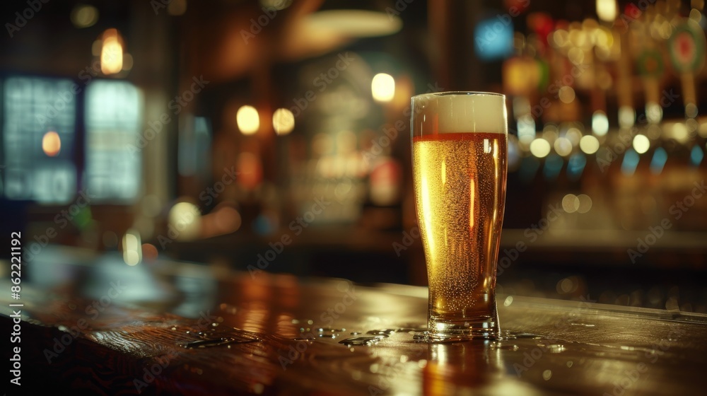 Pint of beer on a wooden bar counter in a dimly lit pub, cozy atmosphere. Nightlife and social gathering concept Pint of beer on a wooden bar counter in a dimly lit pub, cozy atmosphere. Nightlife and social gathering concept
