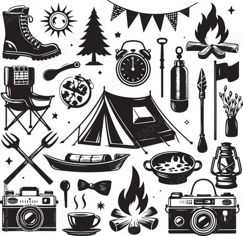 Vintage camping and outdoor adventure Hiking Tool Set elements flat silhouette style collection