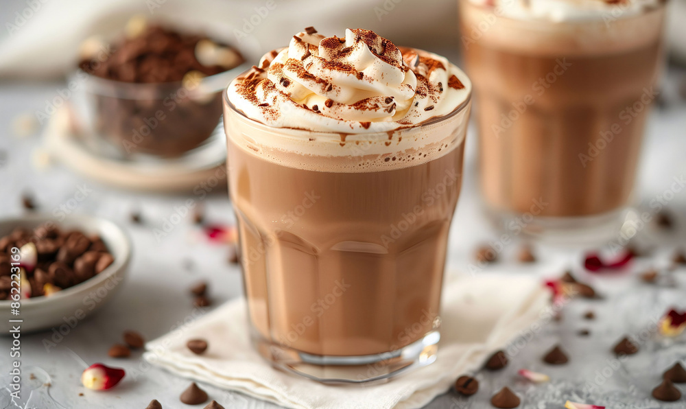 Hot chocolate with whipped cream, chocolate chips, and cocoa powder in glasses on napkins with rose petals for cozy atmosphere Hot chocolate with whipped cream, chocolate chips, and cocoa powder in glasses on napkins with rose petals for cozy atmosphere