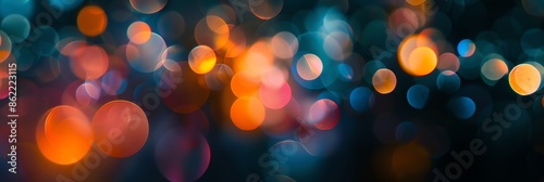 focus colorful bokeh on a dark almost black background, 3:1, banner, new years event