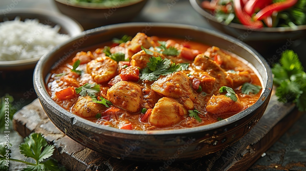 Cuisine Rich Indian curry with tender chunks of chicken, aromatic spices, and a side of basmati rice, served in traditional dishes. Illustration, Minimalism, Cuisine Rich Indian curry with tender chunks of chicken, aromatic spices, and a side of basmati rice, served in traditional dishes. Illustration, Minimalism,