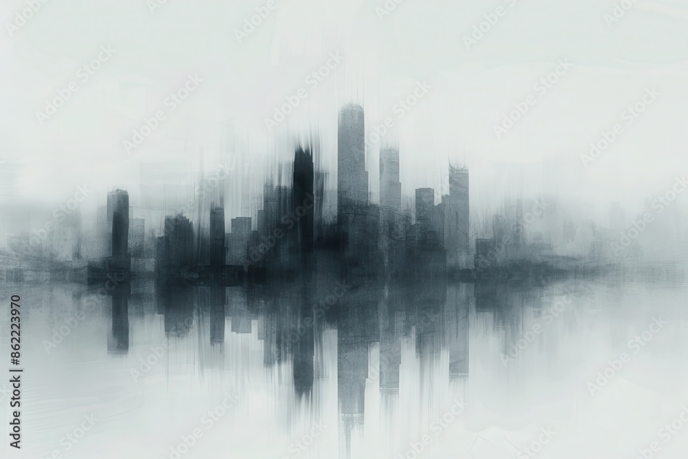 Fototapeta premium Abstract skyscraper skyline reflected in water, creating a surreal and artistic cityscape with a soft and misty atmosphere.