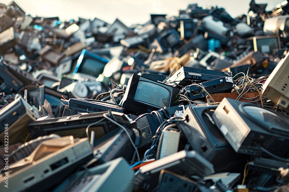 E-waste heap of electronics and computer garbage. E-waste heap of electronics and computer garbage.